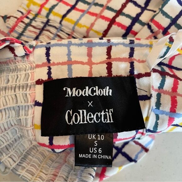 ModCloth x Collectif Adi watercolor plaid Crop Ruffle Top Blouse Sz 6 - Picture 3 of 4